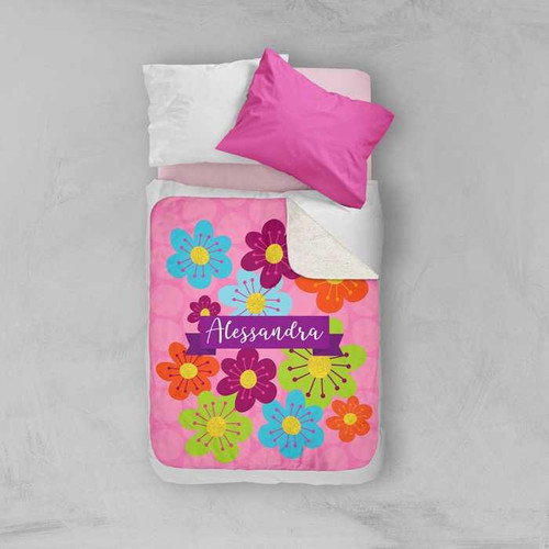 Spark & Spark Shiny Bold Flowers Sherpa Blanket, colorful floral blanket with personalized name Alessandra on it.