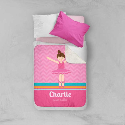 Spark & Spark Sweet Ballerina Sherpa Blanket, pink blanket featuring a girl in a ballet outfit with the name Charlie and the phrase loves ballet