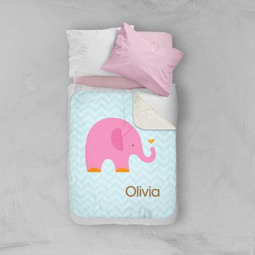 Spark & Spark Sweet Pink Elephant Sherpa Blanket, pink and white sherpa blanket with a cute pink elephant, personalized with the name Olivia.