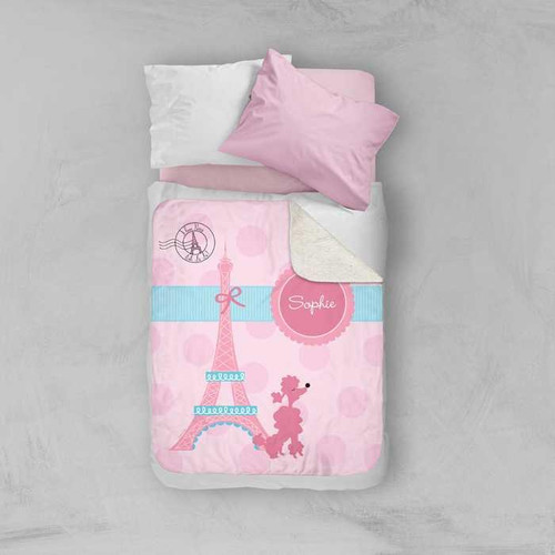 Spark & Spark Ohh La La Paris Sherpa Blanket, pink-themed children's blanket with Eiffel Tower and poodle design, personalized with the name 'Sophie'.