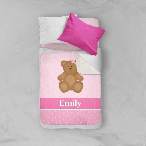 Spark & Spark A Sweet Teddy Bear Sherpa Blanket, pink blanket with teddy bear and custom name Emily for kids' bedroom.