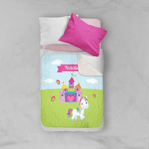 Spark & Spark Pretty Heart Castle Sherpa Blanket, colorful children's bed blanket featuring a castle, unicorn, and rainbow design with personalized name 'Natalie'.