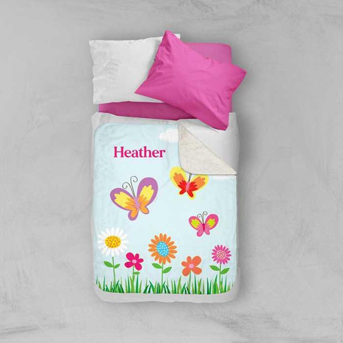 Spark & Spark A Butterfly Field Sherpa Blanket, colorful butterfly and flower design with personalized name Heather on the blanket