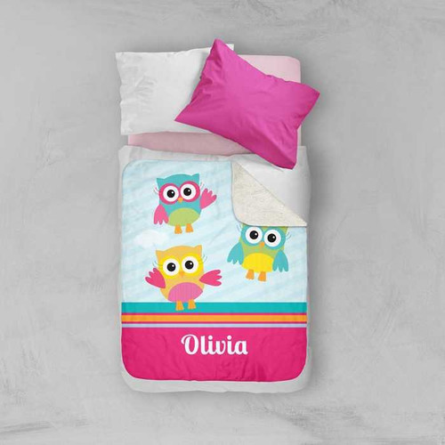 Spark & Spark Three Owls Sherpa Blanket, colorful children's blanket with owl designs and personalized name Olivia.