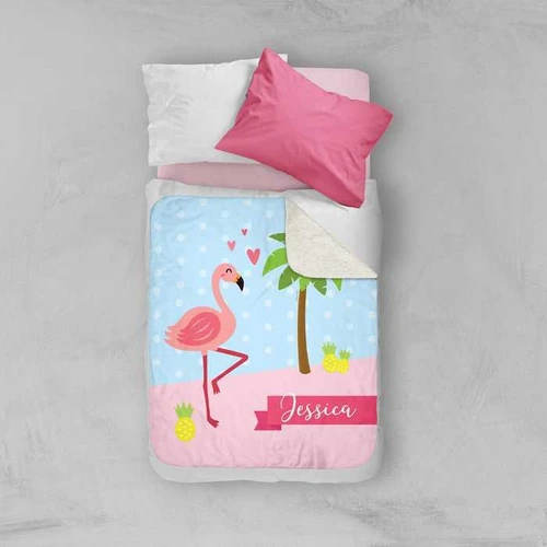 Spark & Spark Sweet Flamingo Love Sherpa Blanket, personalized with the name Jessica, featuring a pink flamingo and tropical palm trees.