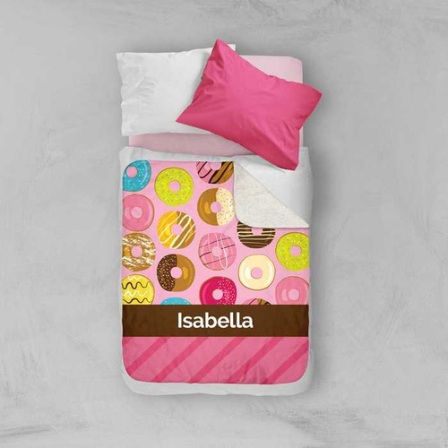 Spark & Spark Sweet Donuts Sherpa Blanket with personalized name Isabella, colorful donut pattern, pink border, soft and cozy blanket for comfortable warmth.