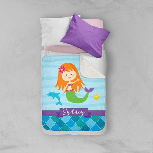 Spark & Spark Mermaid Shades Sherpa Blanket, children's personalized mermaid-themed sherpa blanket with a cartoon mermaid and the name Sydney.