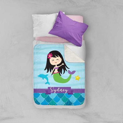 Spark & Spark Mermaid Shades Sherpa Blanket, colorful children's blanket with a mermaid design and personalized name Sydney.