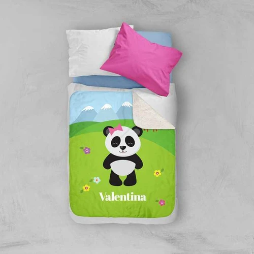 Spark & Spark Sweet Panda Sherpa Blanket, colorful children's blanket with a cute panda design and personalized name Valentina.