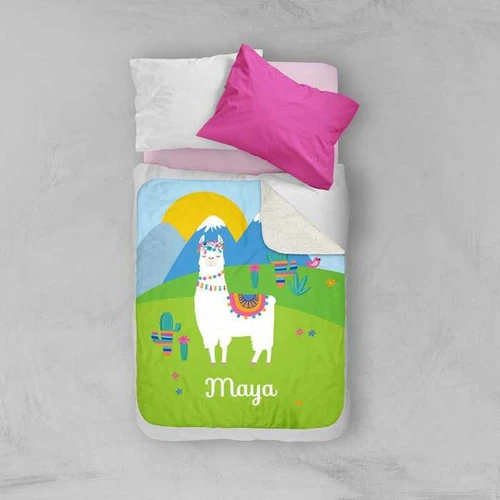 Spark & Spark Sweet Llama on the Field Sherpa Blanket, colorful llama design with mountains and cacti, personalized with the name Maya.