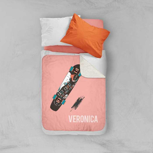 Spark & Spark Cool Girl Skateboard Sherpa Blanket, pink blanket with skateboard graphic and personalized name VERONICA.