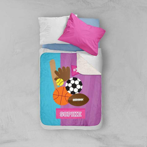 Spark & Spark Girl Love For Sports Sherpa Blanket, colorful sports-themed blanket with baseball, soccer ball, football, and basketball illustrations, personalized with the name 'Sophie'.