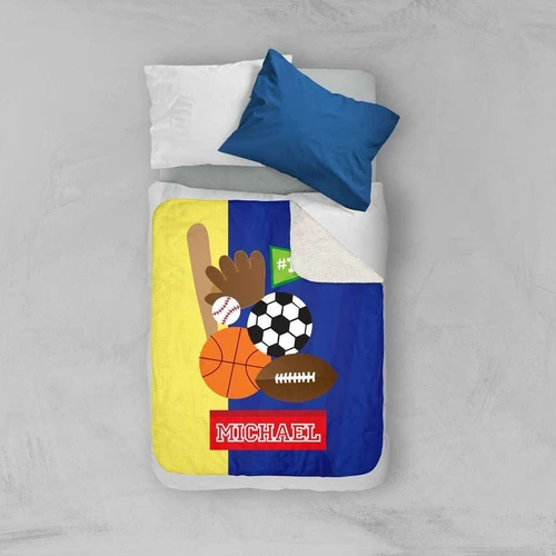 Spark & Spark My Love For Sports Sherpa Blanket, colorful sports-themed blanket with various sports balls and a personalized name tag.