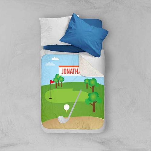 Spark & Spark My Love For Golf Sherpa Blanket, golf course-themed blanket with a golf ball, flag, and trees design on bed.