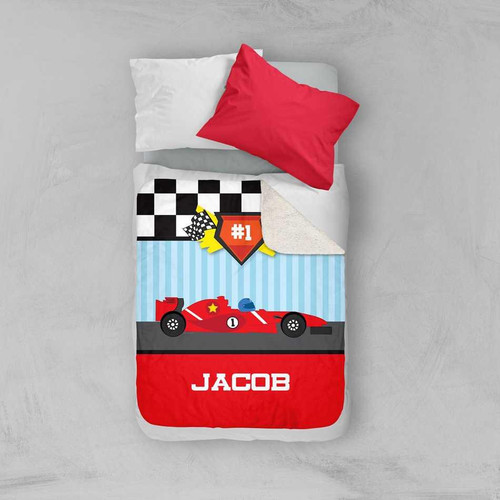 Spark & Spark Fast Race Sherpa Blanket, colorful race car themed blanket with personalized name JACOB