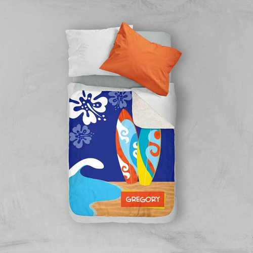 Spark & Spark Surf The Waves Sherpa Blanket, colorful surfboards and ocean waves design with a personalized name 'GREGORY' on the blanket.