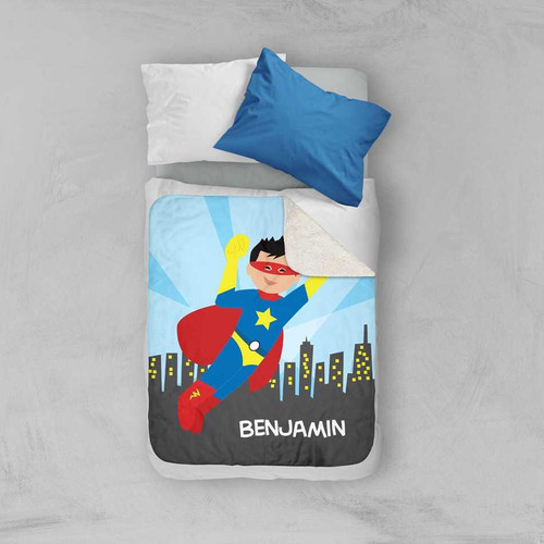 Spark & Spark A Cool Superhero Sherpa Blanket, children's superhero-themed blanket with a cartoon superhero character, cityscape background, and personalized name Benjamin.
