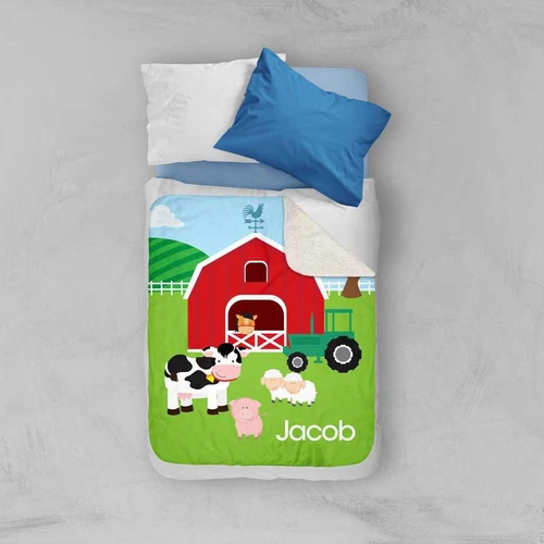 Spark & Spark A Day In The Farm Sherpa Blanket, children's colorful farm-themed blanket featuring a barn, tractor, and farm animals.