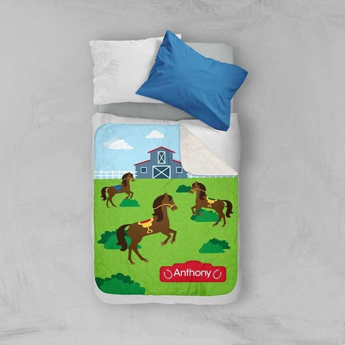 Spark & Spark Cute Race Horse Sherpa Blanket, colorful blanket with race horse design and a barn, on a bed with blue and white pillows.
