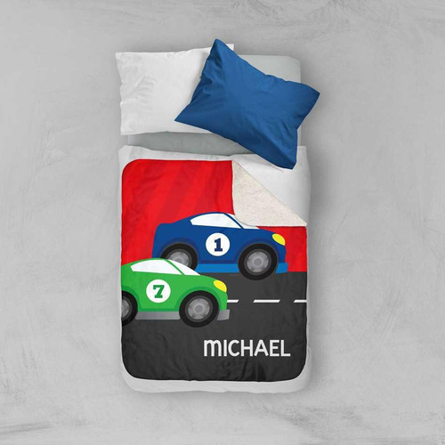 Spark & Spark Super Fast Car Sherpa Blanket, colorful car-themed bed blanket with racing cars and personalization with name Michael.
