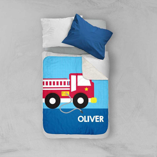 Spark & Spark Cool Firetruck Sherpa Blanket, colorful firetruck design with the name Oliver embroidered on it.