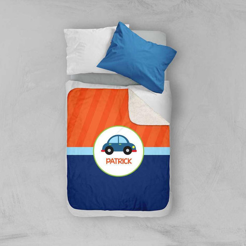 Spark & Spark Cute Little Car Sherpa Blanket, children's hooded sherpa blanket with car design and personalized name 'Patrick' on the front, soft and cozy for kids' comfort.