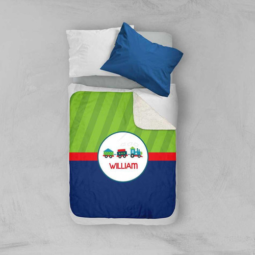 Spark & Spark Cho Cho Train Sherpa Blanket, colorful kids' train-themed fleece blanket with a personalized name 'William' and train illustrations.