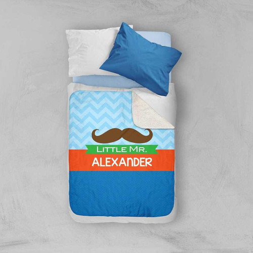 Spark & Spark Little Mr. Mustach Sherpa Blanket, blue and white blanket with a cartoon mustache design and personalized with the name Alexander printed on it.
