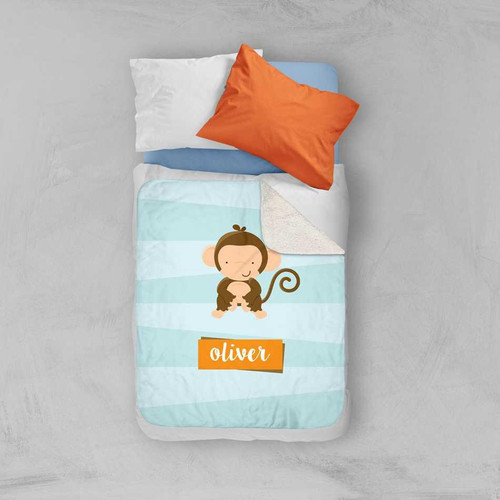 Spark & Spark Cute Baby Monkey Sherpa Blanket, baby monkey design on a light blue and white striped blanket with the name Oliver. 