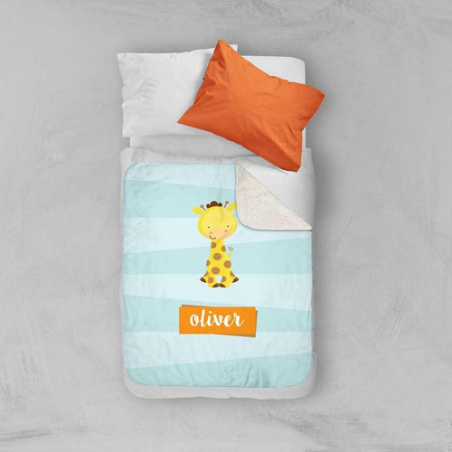Spark & Spark Cute Baby Giraffe Sherpa Blanket, soft baby blanket with a cute giraffe illustration and personalized name 'Oliver' on light blue and white stripes.