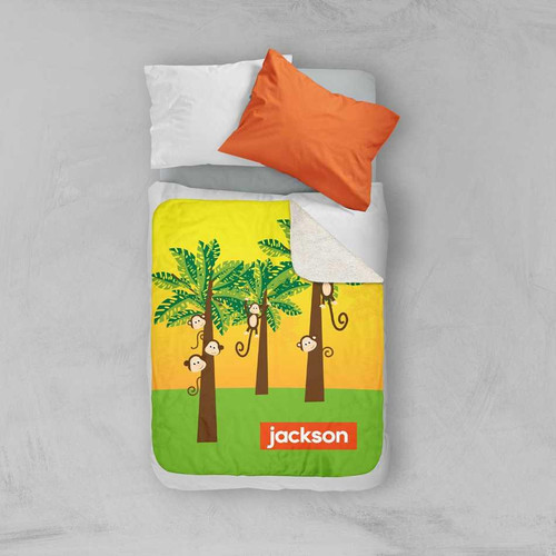 Spark & Spark Monkeys in the Jungle Sherpa Blanket, a playful children's blanket featuring a bright jungle scene with monkeys hanging from trees, designed for comfort and fun.