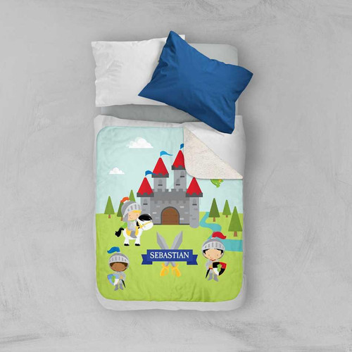 Spark & Spark The Three Knights Sherpa Blanket, colorful children's blanket featuring knights and castle design with the name Sebastian.