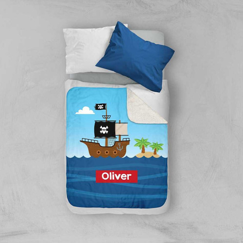 Spark & Spark All Aboard Pirates Sherpa Blanket, children's pirate-themed Sherpa blanket with a pirate ship, palm trees, and clouds, personalized with the name Oliver.