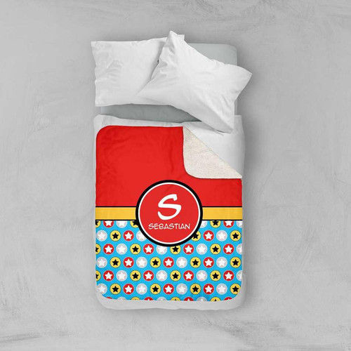 Spark & Spark Super Hero Stars Sherpa Blanket, colorful superhero star pattern on red and blue background with white, yellow, and black stars, personalized with the name Sebastian.