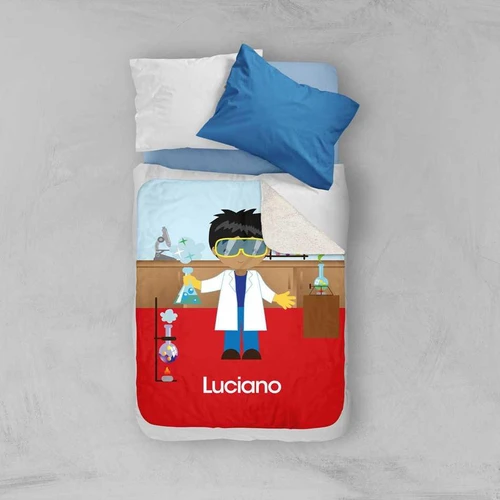 Spark & Spark Cool Scientist Boy Sherpa Blanket, kids' bed with a science-themed blanket featuring a cartoon scientist boy, laboratory equipment, and the name Luciano.