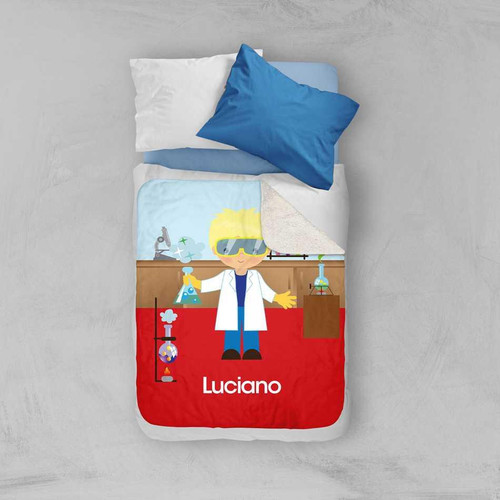 Spark & Spark Cool Scientist Boy Sherpa Blanket, colorful cartoon boy scientist design with lab equipment and the name Luciano on the blanket.