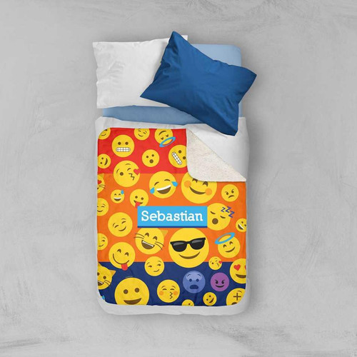 Spark & Spark Boy Emojis Sherpa Blanket, colorful emoji pattern with various facial expressions