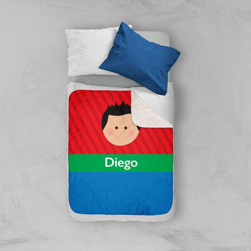 Spark & Spark Just Like Me Boy Red Sherpa Blanket, personalized blanket with a cartoon boy face and the name Diego on a colorful background.