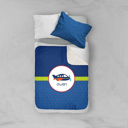 Spark & Spark Airplane Ride Pattern Sherpa Blanket, blue sherpa blanket with airplane design and a customizable name 'Owen' on it, for children's bedroom decor.