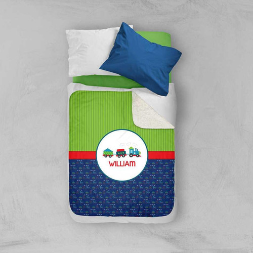 Spark & Spark Choo Choo Train Pattern Sherpa Blanket, personalized with name William, featuring a train theme with colorful patterns and a soft sherpa backing.