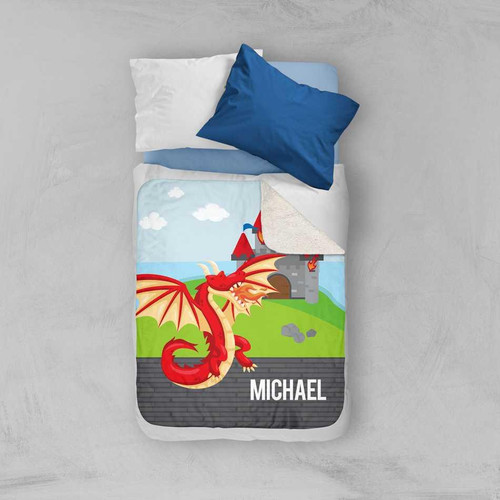 Spark & Spark Dragon Fire Sherpa Blanket, colorful children's bed blanket featuring a red dragon, castles, and clouds with personalized name Michael.