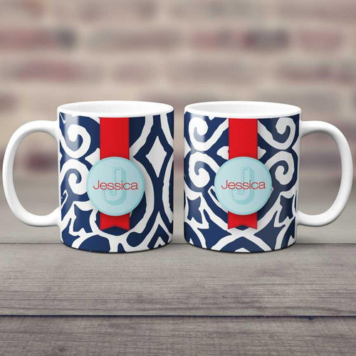 Spark & Spark Gorgeous Style Ceramic Mug, personalized with the name Jessica on a stylish blue and white patterned background with red accents.