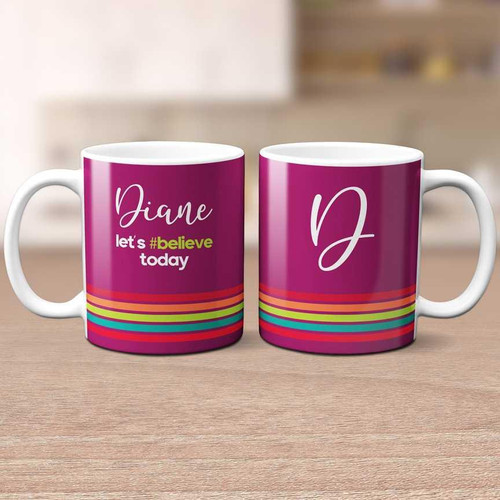 Spark & Spark Real Simple Ceramic Mug, personalized pink ceramic coffee mug with colorful stripes and motivational message for Diane.