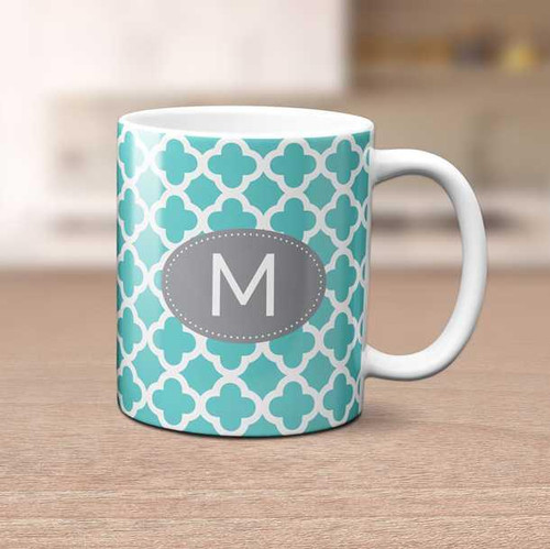 Spark & Spark Quatrefoil Beauty Ceramic Mug, ceramic mug with blue quatrefoil pattern and a gray monogram 'M' in the center.
