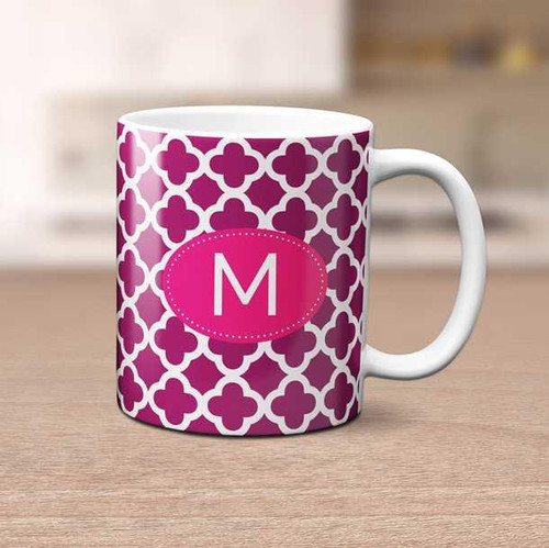 Spark & Spark Quatrefoil Beauty Ceramic Mug, pink and white quatrefoil pattern with a customizable letter M in the center.