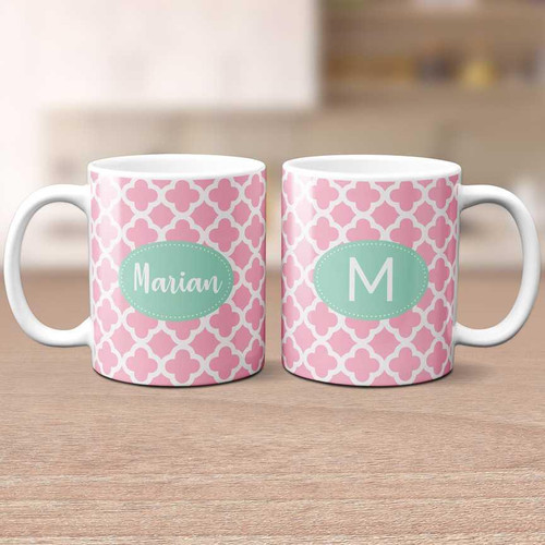 Spark & Spark Quatrefoil Beauty Ceramic Mug, personalized pink and white quatrefoil pattern with green name and initial on each mug.