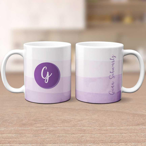 Spark & Spark Watercolor Waves Ceramic Mug, personalized purple and white ceramic coffee mugs with a watercolor wave design and handwritten name 'Queen Sobouby' on one mug.