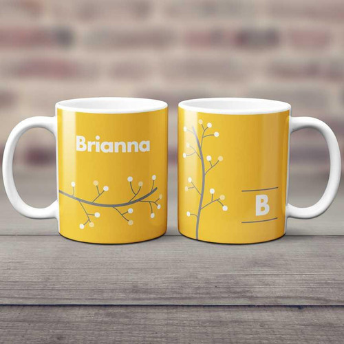 Spark & Spark Modern Thin Tree Ceramic Mug, yellow mug with a minimalist tree design and name customization.