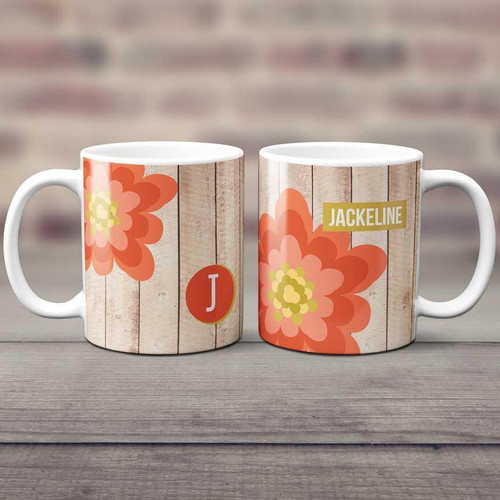 Spark & Spark Rustic Flower Ceramic Mug, two white ceramic mugs with a rustic wood background design and large pink and orange flower graphics, one mug personalized with the letter J and the other with the name Jackeline.
