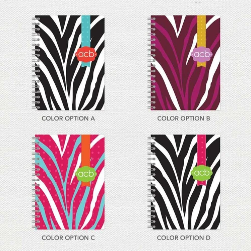 SparkGreetings® Zebralicious Writing Journal, colorful zebra stripe cover designs in black and white, purple, pink, and multicolor options